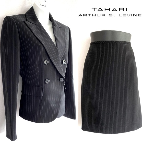 TAHARI ASL Pinstripe Mini Skirt Structured Blazer Two Piece Set